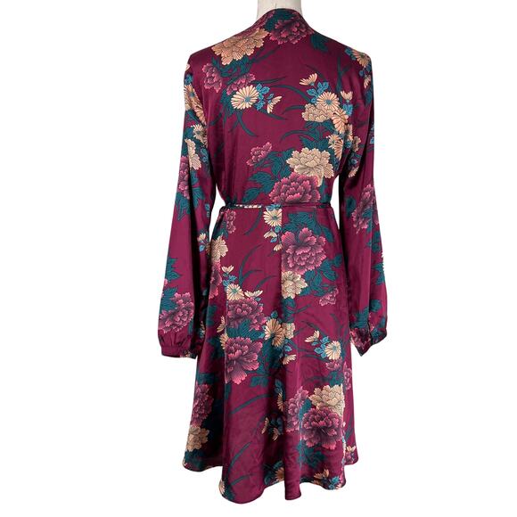 Lulus Love Is Life Floral Satin Mini Wrap Dress Wine Burgundy Floral Long Sleeve - Picture 3 of 10